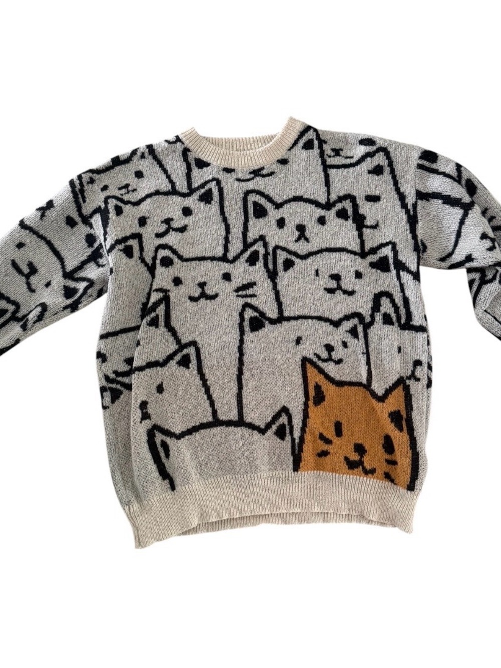 Cozy Cat Pattern Crewneck Sweater in Cream and Tan